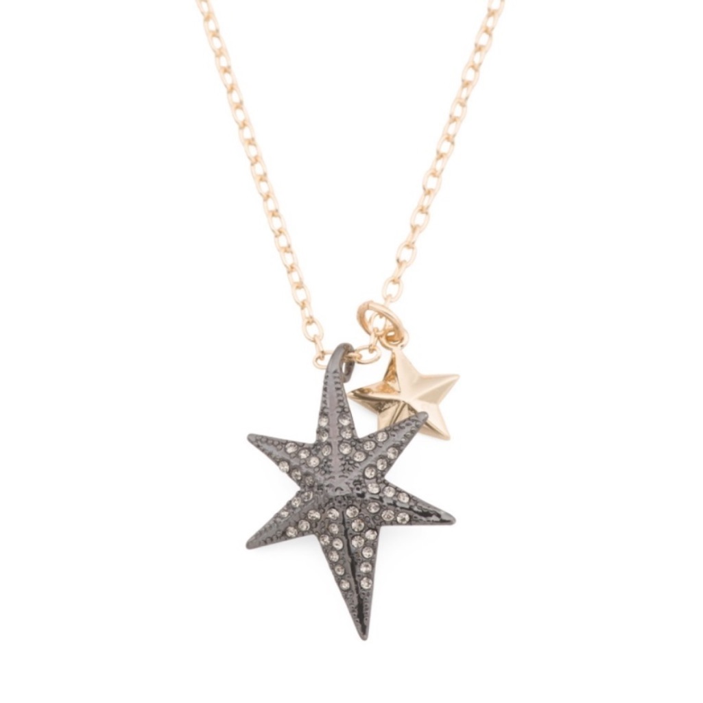 Allsaints Crystal Pave Celestial Charm Double Star Pendant Necklace Goldtone New 45$